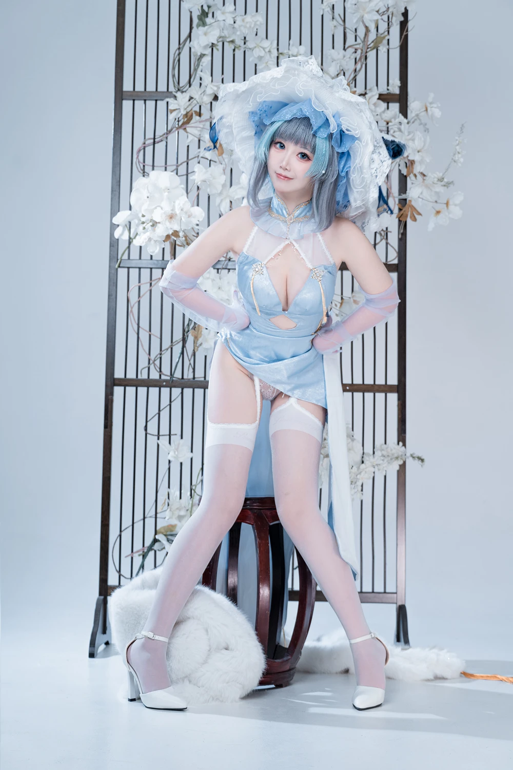 Cosplay 面饼仙儿 – 碧蓝航线-柴郡猫猫蓝旗袍 第26张图