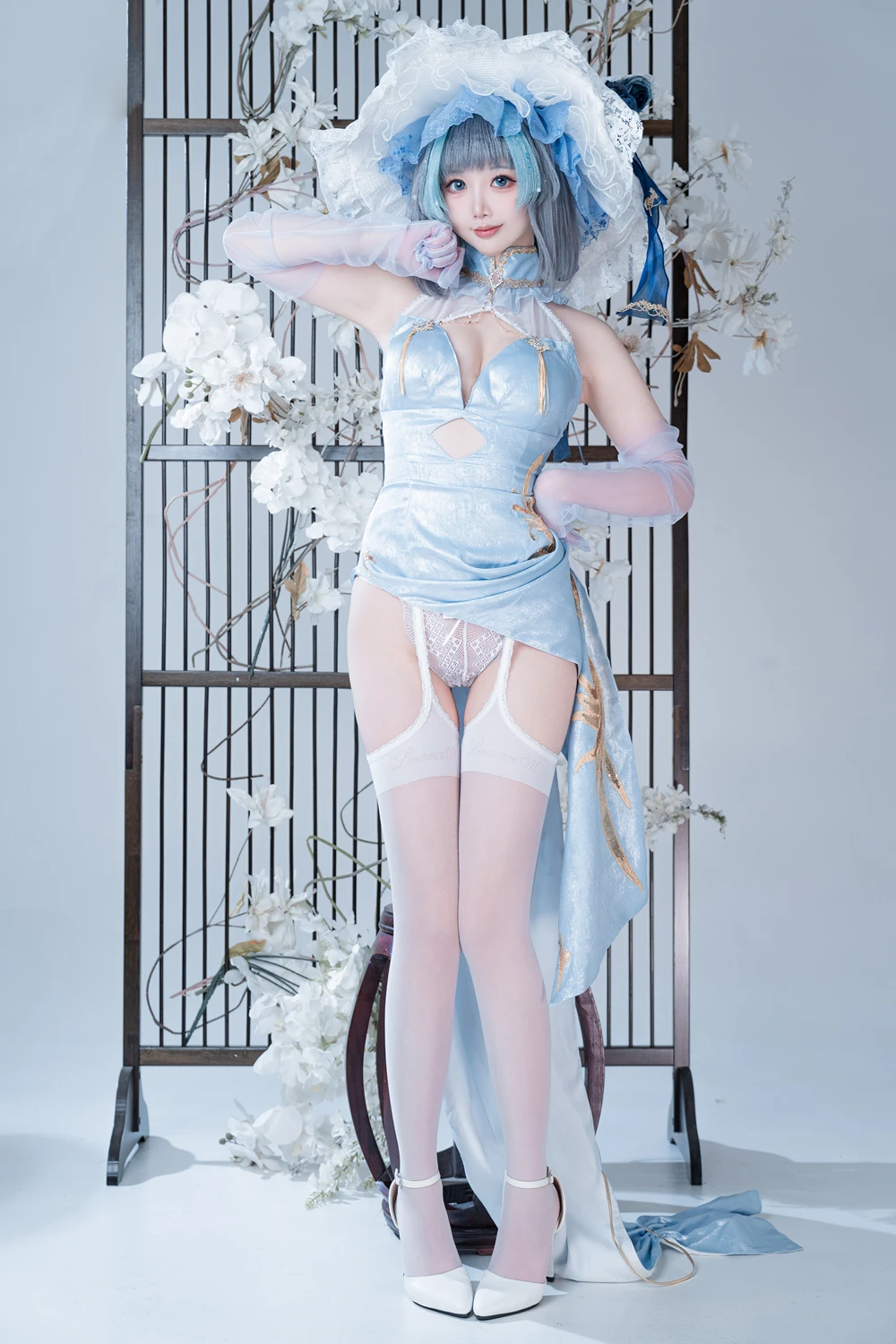 Cosplay 面饼仙儿 – 碧蓝航线-柴郡猫猫蓝旗袍 第33张图